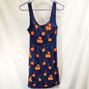 Anthropologie Leifnotes Navy Dress with Orange Cherry Pattern Sz.4